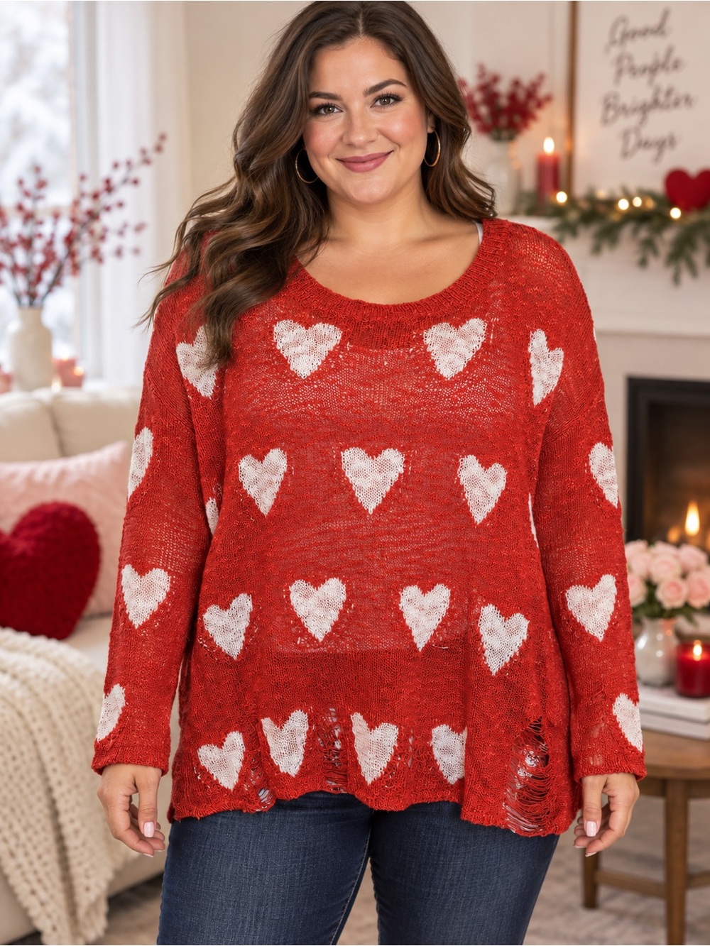 392 BiBi Red Heart-Print Scoop Neck Sweater Size XL